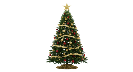 Magnificent fir christmas tree richly decorated with metallic gold and deep red baubles, glowing lights, isolated on a transparent cyclorama studio background. luxury holiday advertising concept