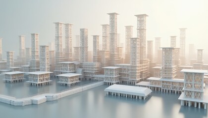 Futuristic Arctic Cityscape With Geometric Architecture Reflected In Calm Water Under Soft Sunlight And Hazy Atmosphere