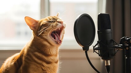 Orange tabby cat yawning in front of a microphone