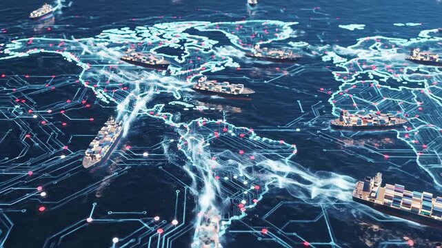 Global container shipping logistics with digital tracking overlay on ocean map