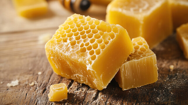 Fresh honeycomb pieces on a wooden table with raw honey chunks and beeswax in the background closeup shot