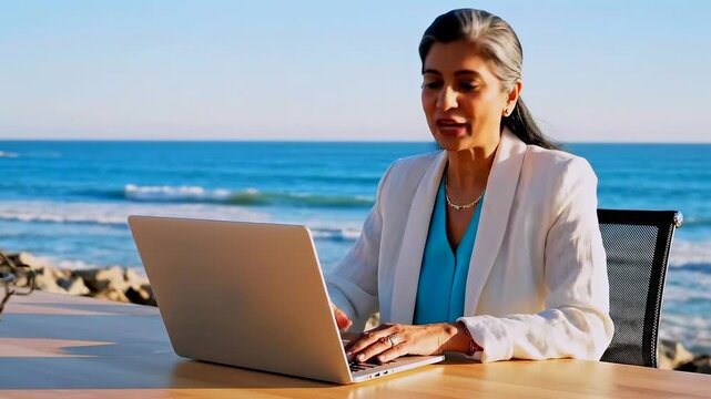 Seaside microphone asian woman hosting podcast and streaming from coastal desk. Oncamera presenter uses laptop and professional mic with ocean waves in background, relaxed confident