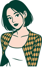 Stylish young woman with short dark hair wearing a plaid jacket and a white top, depicted in a retro comic book art style