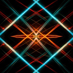 Symmetrical digital abstract design featuring vibrant intersecting colors and mirrored light effects, creating a hypnotic geometric pattern, conceptual, intense, contemporary