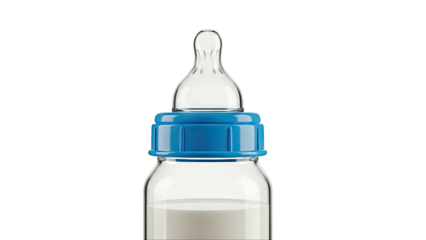 Glass baby bottle with blue cap and milk