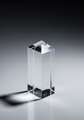 Unfinished optical prism blank made of clear material, sitting on a white background, waiting for precision grinding and polishing, optic, component, physics