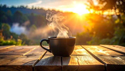 Steaming mug of coffee sits on weathered wooden table, illuminated by golden sunrise with blurred mountain backdrop