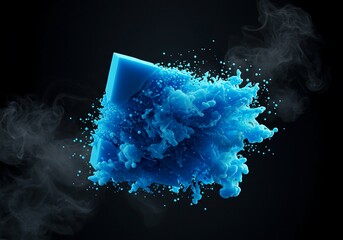 Vibrant blue structure representing a concept breaking down, dissolving into flowing liquid and smoke textures against a dark background, azure, release, liquid