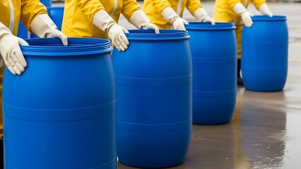 Workers in yellow uniforms handling blue barrels with white gloves