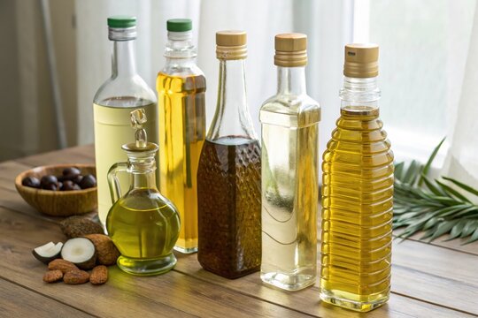 A row of six bottles of oil, including palm oil, sit on a table