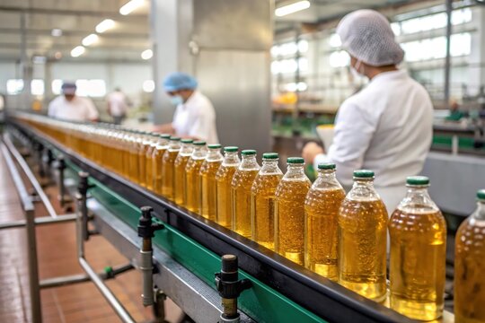 A woman is working in a factory, surrounded by bottles of oil