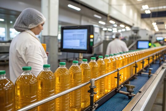 A woman is working in a factory, surrounded by bottles of oil