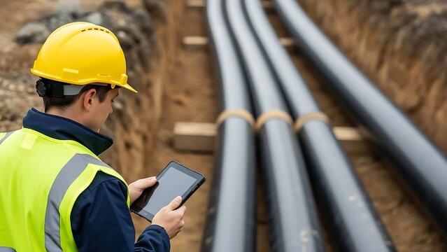 Worker in yellow helmet inspecting underground pipes with a tablet - Powered by Adobe