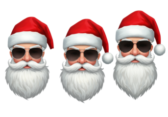 three digitally rendered stylized santa claus busts wearing sleek black-framed sunglasses and red hats, isolated on a transparent background. concept for modern christmas design elements