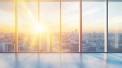Fototapeta premium Softly blurred office interior with large windows showcasing topaz light, plants, and modern furnishings creating a serene workspace atmosphere