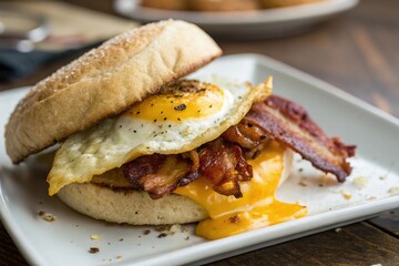 A breakfast sandwich with bacon, cheese, and egg on a white plate