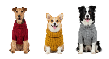 Fox terrier, corgi, and border collie wearing crimson, mustard, and gray wool sweaters, posing aligned in a bright white high-key studio portrait. Concept of luxury pet apparel and style