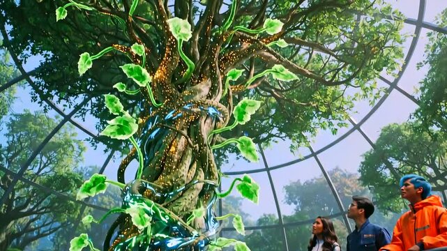 Researchers glass dome examine glowing tree with electric vines, botanist holds tablet, technician adjusts sensor, ambient bioluminescent light, futuristic research exhibit, educational tour