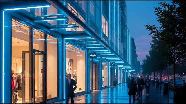 Modern retail storefront with blue lighting and pedestrians at dusk