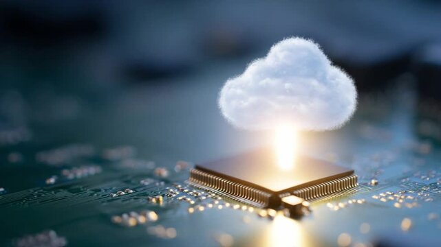 Cloud Computing: An illuminated fluffy cloud is perched on a circuit board, a striking visual representation of the innovative future.