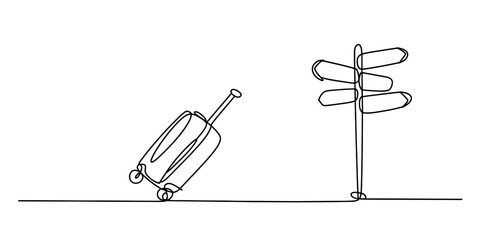Continuous line art illustration of a travel suitcase at a crossroads signpost Vector, illustration © Single Line Art