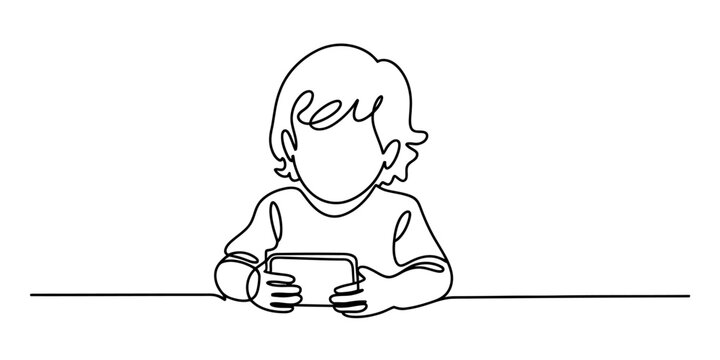 Continuous line drawing of a young child playing with a smartphone or tablet device Vector, illustration