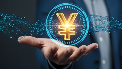 Digital Yen or Yuan (¥) symbol floating over a businessman's hand, connected by a glowing futuristic network. Fintech, Cryptocurrency, and Asian Market Finance.