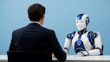Man in suit sitting across from humanoid robot at a table with a laptop
