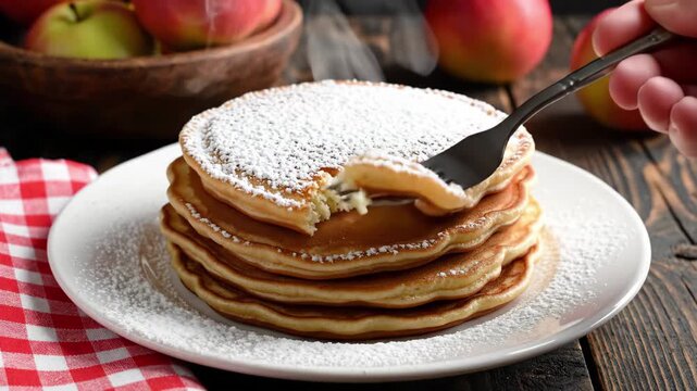 Stack of hot pancakes dusted with powdered sugar on a white plate with a fork, apples in background