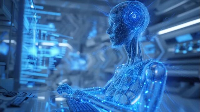Close-up of a futuristic humanoid robot with glowing blue circuits in a high-tech laboratory setting with a cool and technological mood.