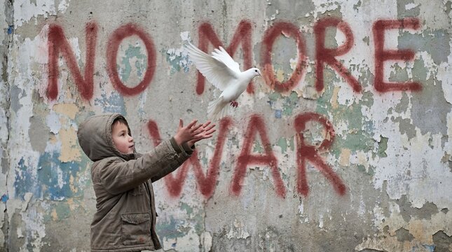 Child releasing white dove in front of No More War graffiti wall