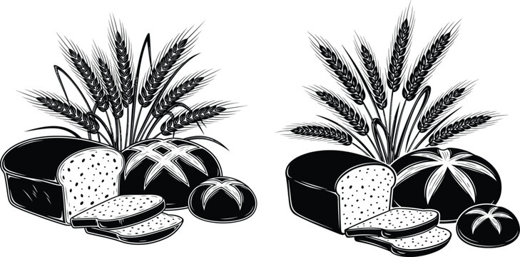 Monochrome bread and wheat illustration in rustic style for bakery or food projects