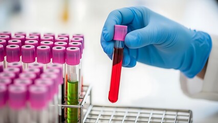 Hand in blue glove holding sample tube among other test tubes