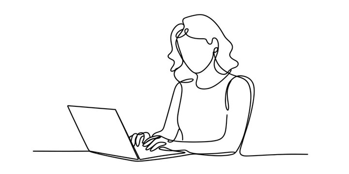 Minimalist continuous line art illustration showing a young woman typing on a laptop at a desk Vector, illustration