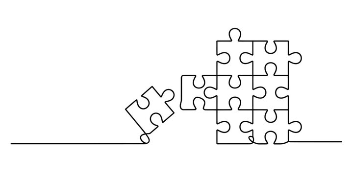 A continuous line drawing of a group of puzzle pieces coming together or falling apart Vector, illustration