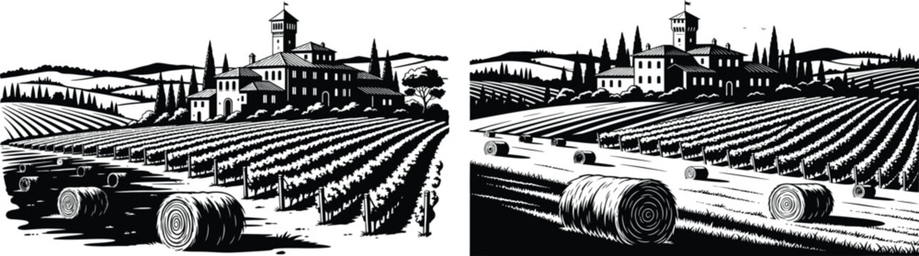 Monochrome vineyard landscape with haystack rolls and Tuscan villa, agricultural illustrations