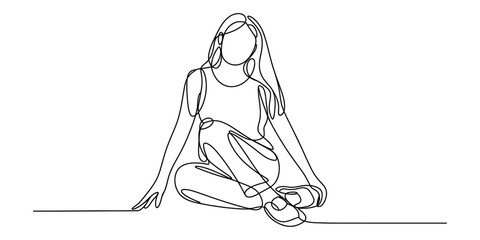 Obraz premium Minimalist continuous line drawing of a woman sitting on the ground with a relaxed posture Vector, illustration