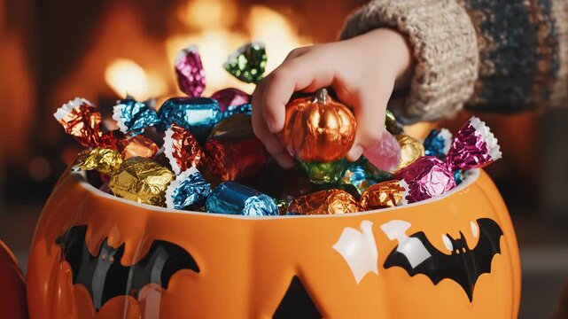 Childs hand reaching for Halloween candy in pumpkin bowl
