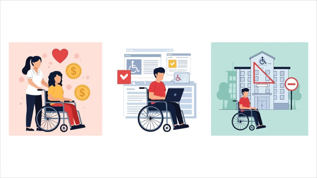 Flat vector illustration set showing support for people with disabilities social assistance, assistive and adaptive technology, caregivers, and inaccessible environments.