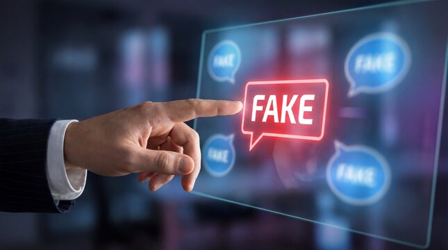 Businessman pointing at fake news on digital screen with glowing red text