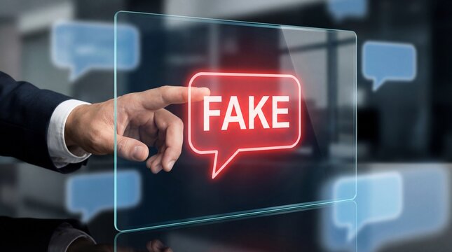 Businessman interacting with digital fake news concept on transparent screen - Powered by Adobe