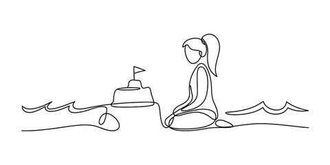 Continuous line drawing of a young woman enjoying a beach day with her sandcastle creation Vector, illustration © Creative_Outline2019
