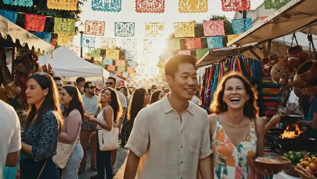 People enjoying a vibrant street market with colorful decorations and food stalls.
