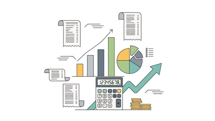 Financial data analysis with charts reports and calculator showing upward economic growth trends and monetary accumulation over time