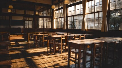 Sunlit classroom interior with empty desks