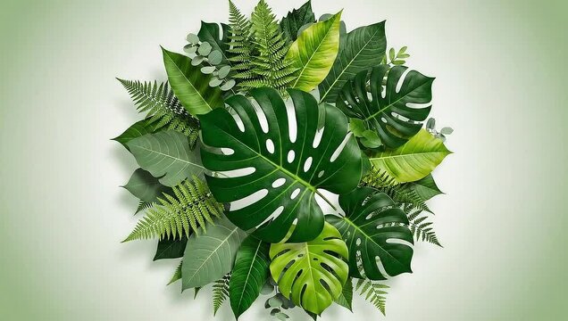 Tropical leaves forming a circular frame, with a large monstera leaf appearing in the center, and more leaves filling the frame.
