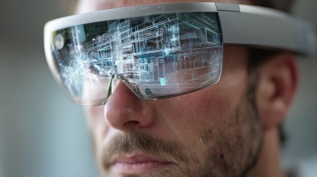 Man wearing augmented reality glasses close up - Powered by Adobe