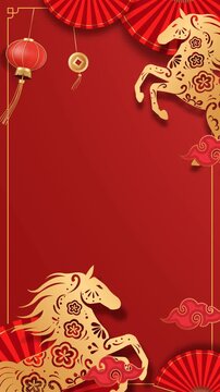 Chinese New Year 2026 Footage Template 4k with Horse Zodiac Animation and Lantern on Red Background. Loopable and Copy Space. Vertical Lunar New Year Motion Graphic Without Text