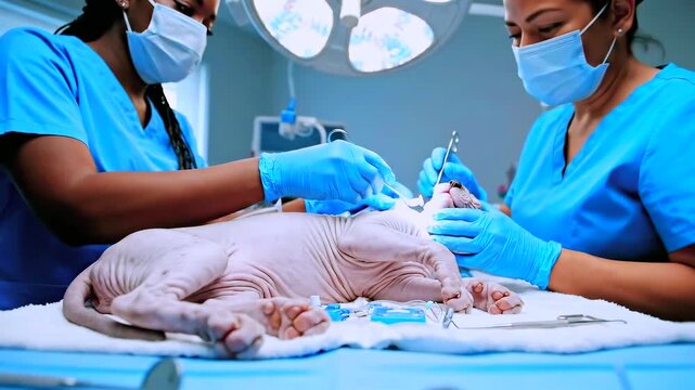 black and asian veterinarians operating hairless cat, instruments arranged on tray, masked teamwork, anesthesia monitoring, gloved hands performing delicate procedure, sterile blue scrubs