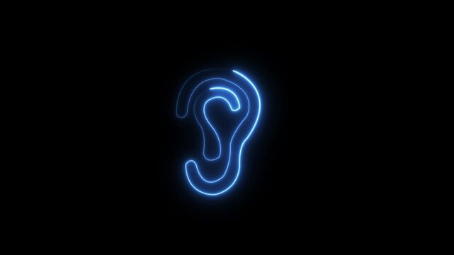 Abstract glowing neon Ear icon animation with dark background.Futuristic glowing neon Ear icon with smooth animated